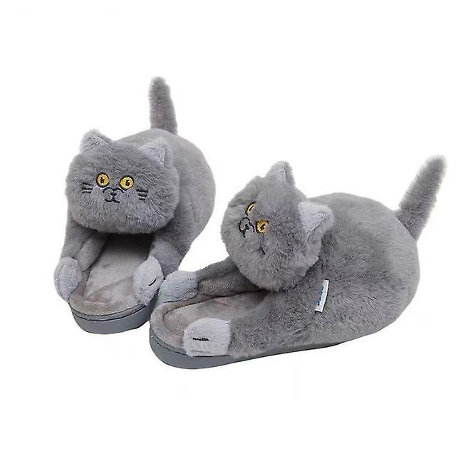 Gosedjurskram Katt Tofflor Kvinnor Män Vinter Hem Slides Kawaii Golvskor Lurviga Tofflor Flicka Vita Mulor Rolig Söt Present Tofflor Grå