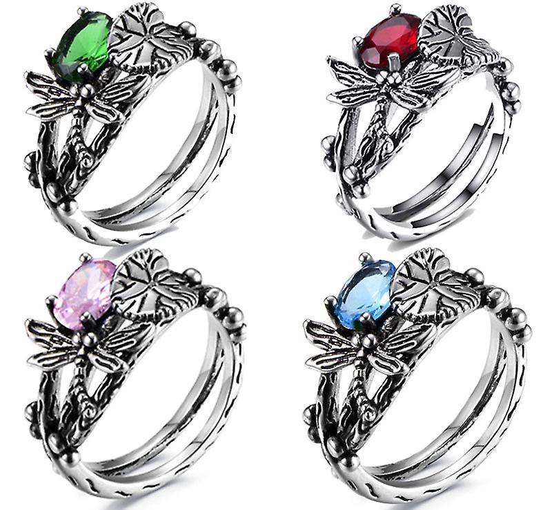 Creative Dragonfly Lotus Ring Retro Thai Silver Incrusté Topaze Ring Rouge