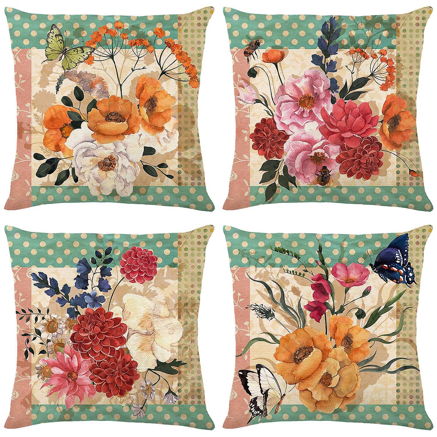 Set of 4 Retro Cushion Cover 45x45cm Pretty Flower Pattern Decorative Cushion Covers for Patio Sofa Chair Home Decorations