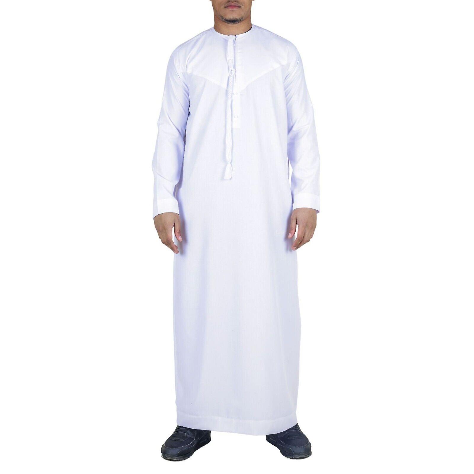 Men's White Thobe Emirati Islamic Jubba Robe Eid Tassel Slim Fit