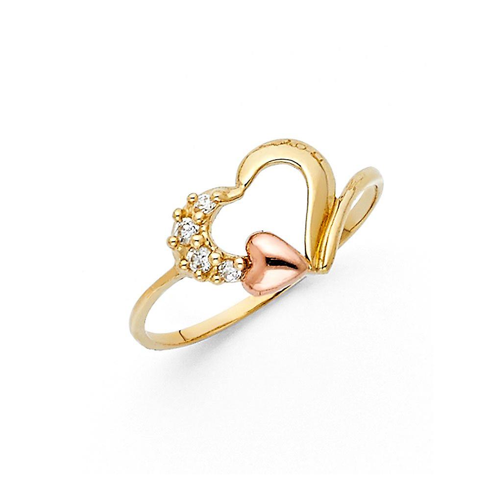 Or jaune 14 carats et or blanc zircone cubique fantaisie amour coeur bague taille 7 Statement-Ring pour les femmes