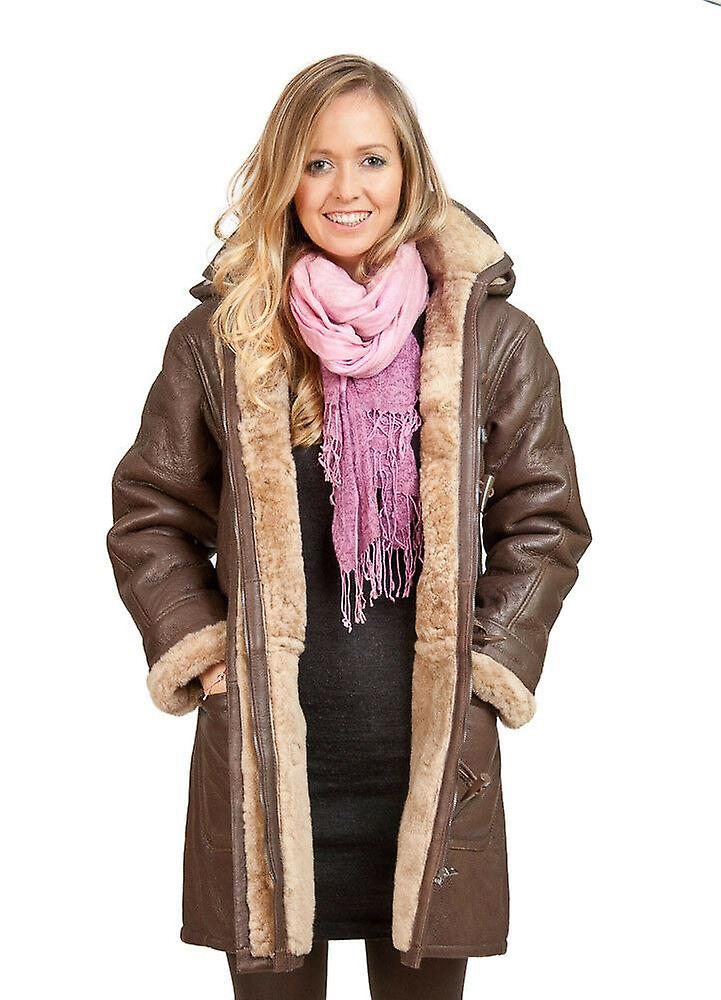 Infinity Leather Men's Brown Wo's Hooded Sheepskin Leather Duffle Coat Medium