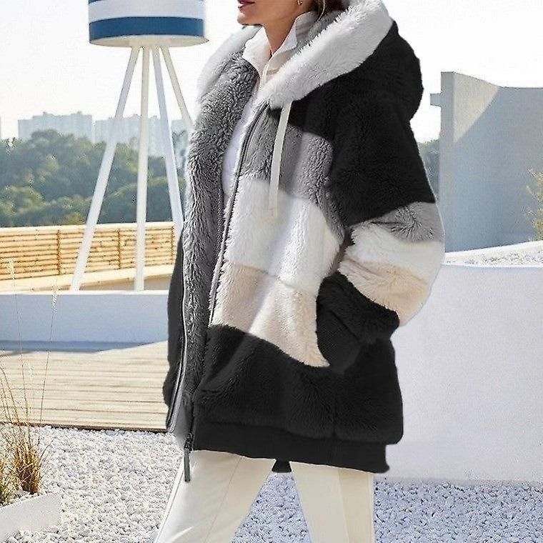 Europe and America Autumn and Winter Warm Plush Panel Zipper Pocket Hooded Loose Coat Women