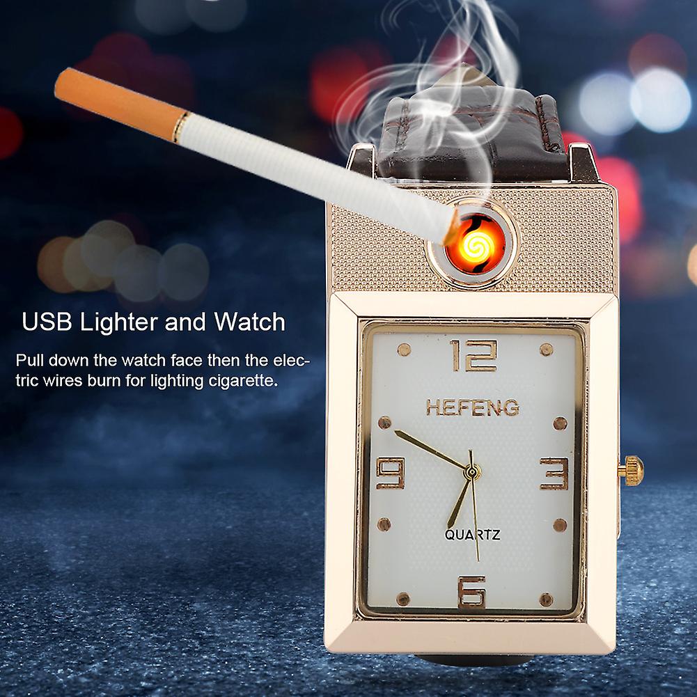 Men USB Rechargeable Windproof Flameless Cigarette Lighter and Square Quartz Wristwatch(White)