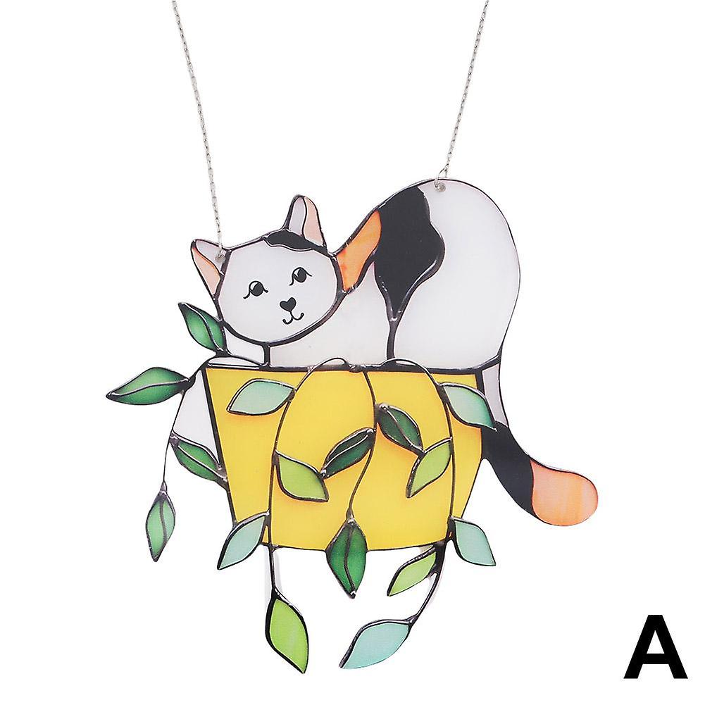 Stained Glass Sun Catcher Pendant with Cute Cat in Flowerpot