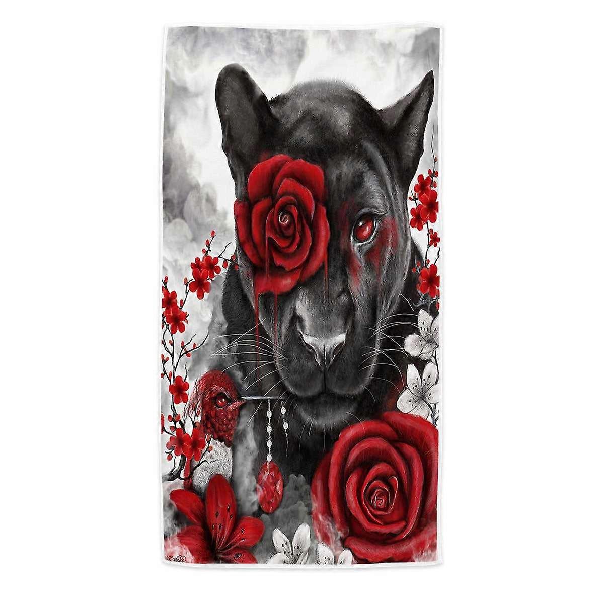Art Painting Ruby Rose Panther and Hummingbird Microfiber Beach Towel
