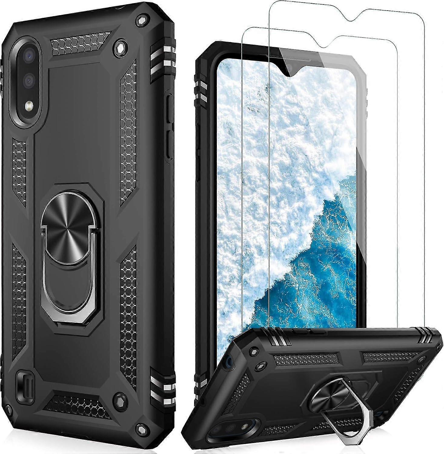 Galaxy A01 Case with Glass Screen Protector(2 Pack),Pass 16ft Drop Test Military Grade Heavy Duty Cover with Magnetic Kickstand