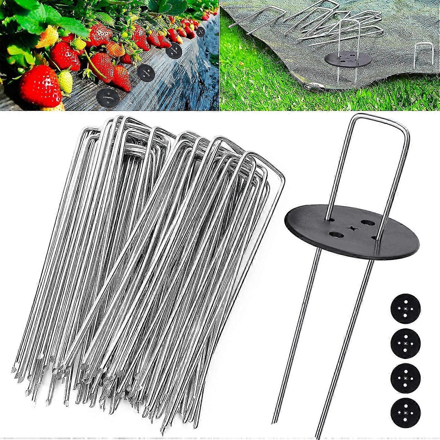 Garden Stakes, Garden Fixing Stakes, Tent Fixing Stakes 2.5mm Thickness, 15cm/2.5cm, for Fixing Weed Cloth, Ground Sheets (50 PCS /4 Washer)