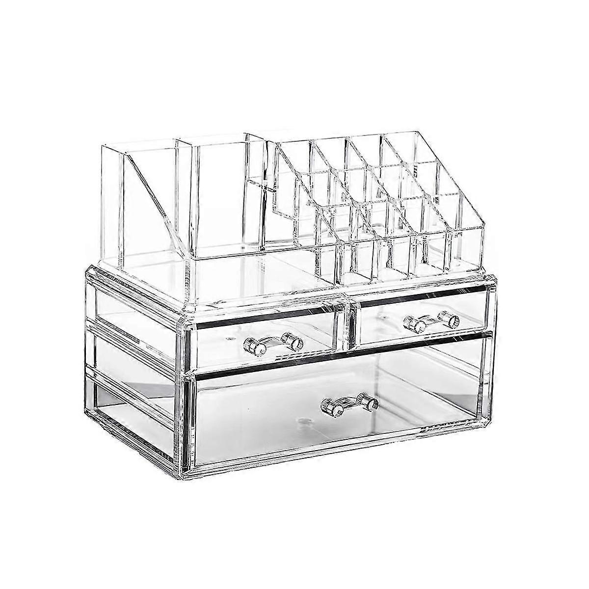 منظم مكياج شفاف مع 3 أدراج وقابل للإزالة من حاملات أحمر الشفاه العلوي يعزز الغرور الخاص بك ، با