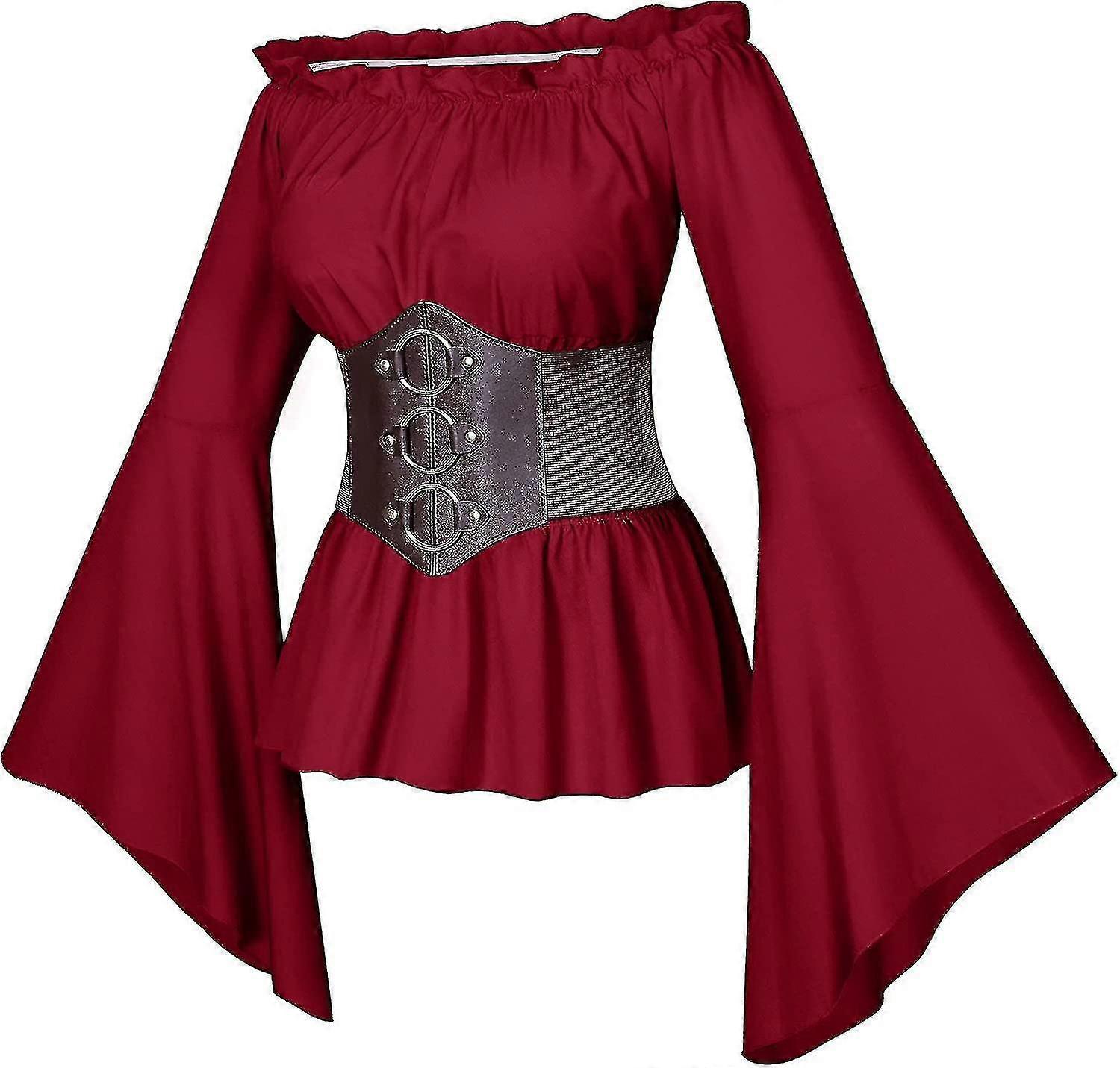 Womens Renaissance Victorian Peasant Ruffle Smocked Waist Boho Pirate Shirt Blouse With Belt Set -gsl