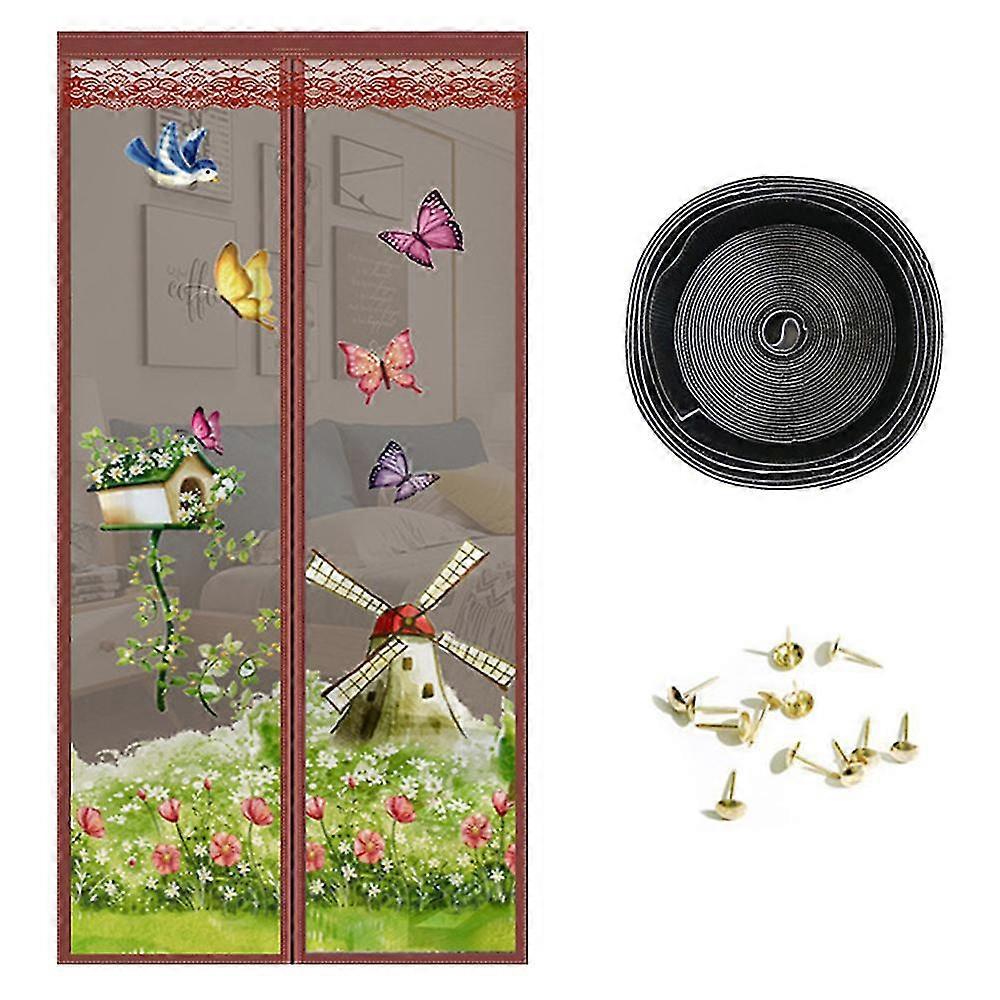 Magnetic Screen Door,keep Bugs Out,windmill Print, Breeze In - Self-seal Magnets, Retractable Mesh Net Closure -100x210c  SZRH A-F