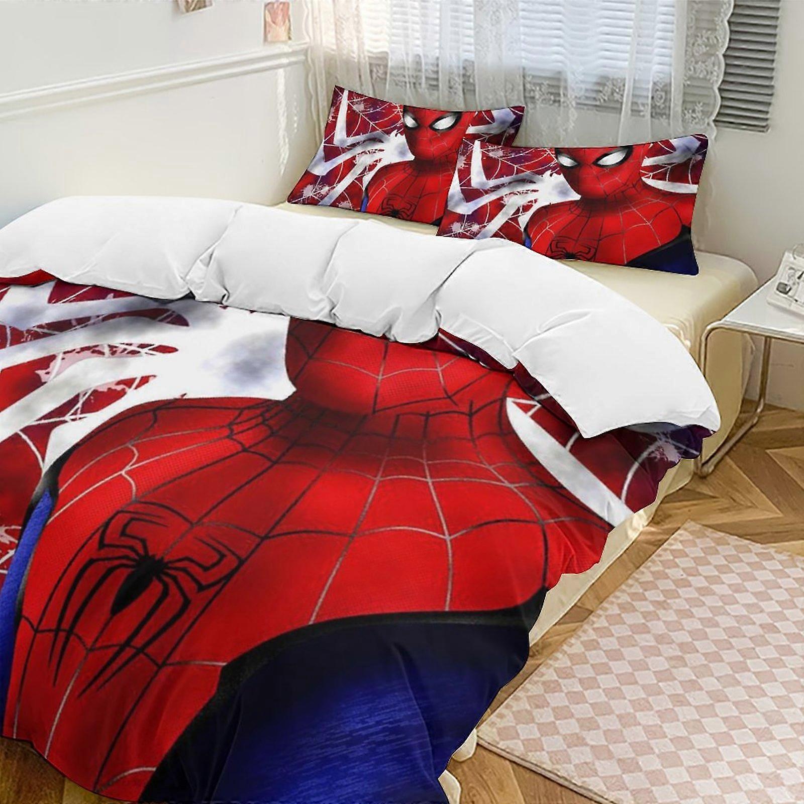 v786 Spider-Man 3-delat set med två enkelsängar - innehåller 1 enkeltäcke och 2 örngott sängkläder - blekningsbeständig mikrofiber - Spider io786