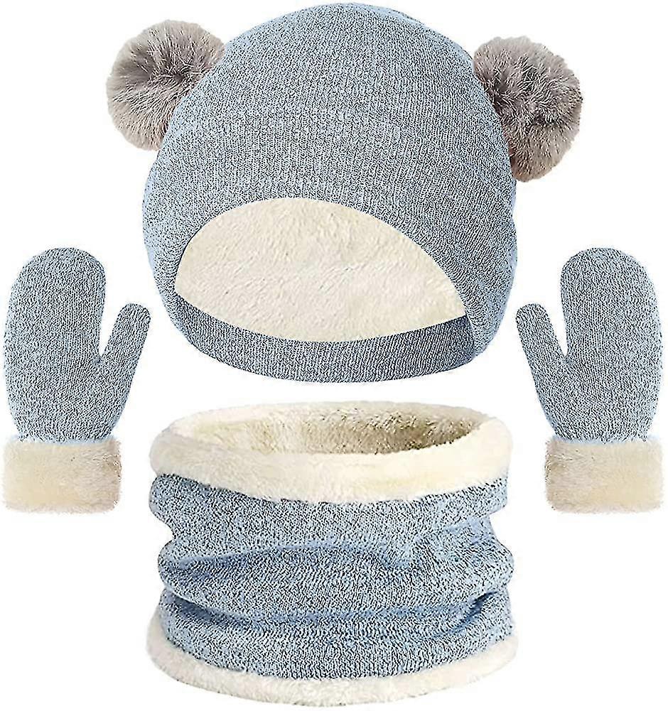 Kids Winter Beanie Scarf And Gloves 3 In 1 Warm Beanie Set Pompom Hats With Thick Fleece L