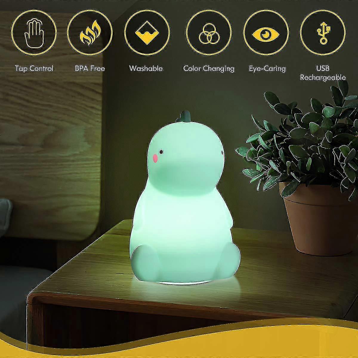 Dinosaur Night Light Cute Color Changing Silicone Baby Nursery Night Lamp With Touch Sensor Portable Rechargeable For Kids Green Night Light