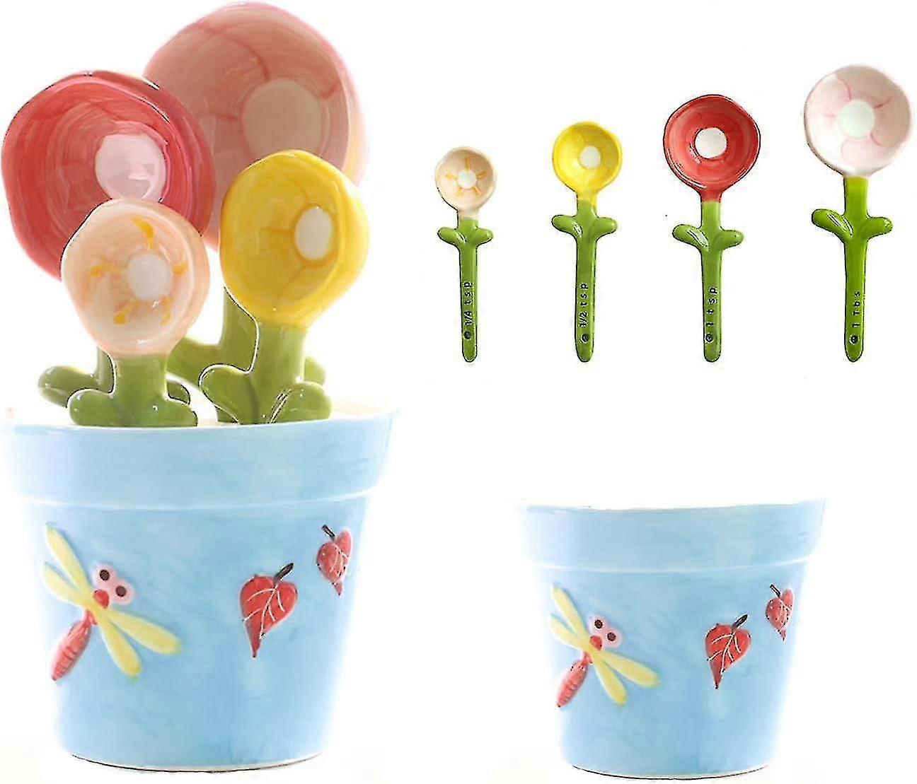 Flower Measuring Spoons Set In Pot Unique Baking Gifts Ceramic Cute Measuring Cups And Spoons With Holder For Dry Wet
