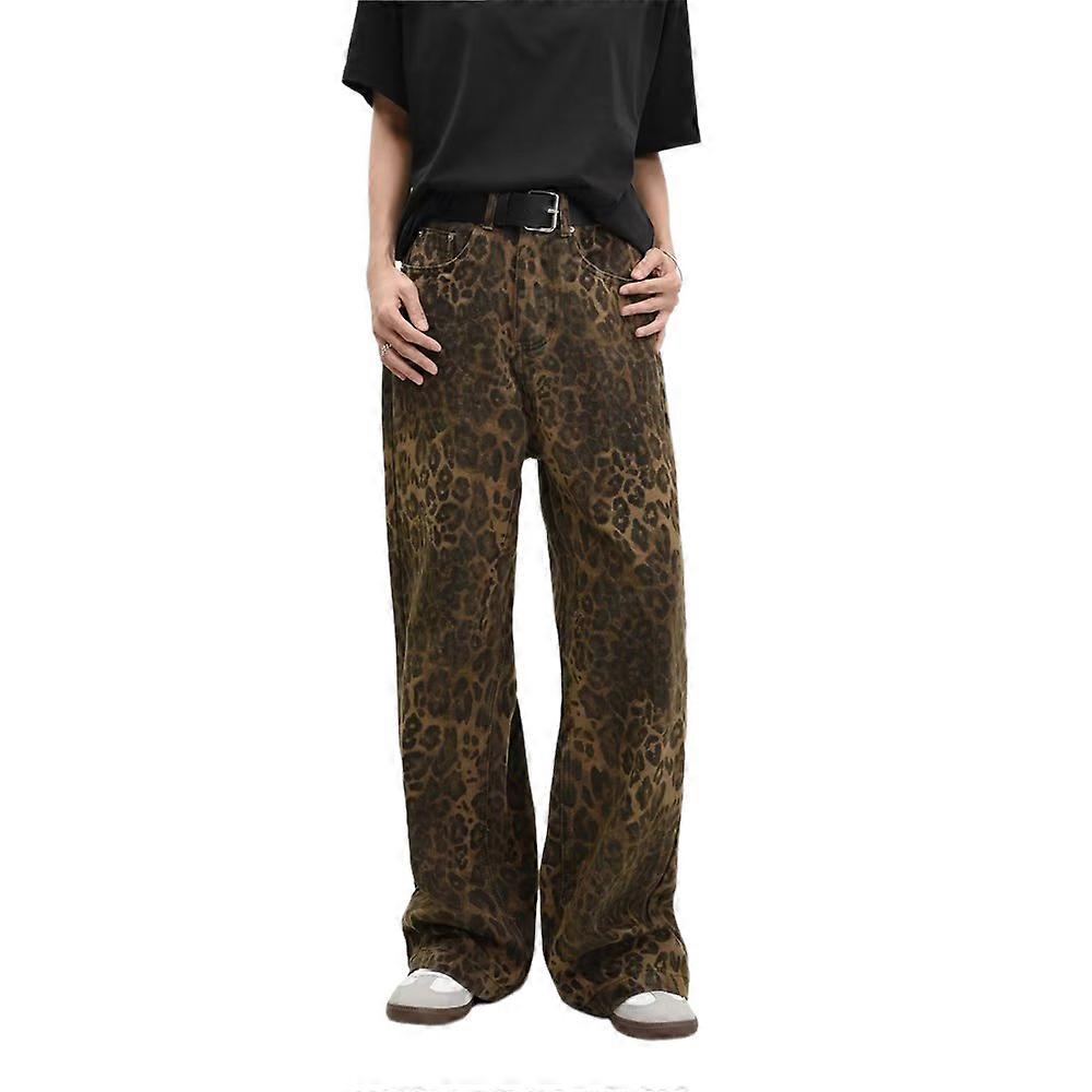 Women Retro Leopard Jeans Denim Pants Vintage Streetwear Straight Leg Loose Trousers Bottoms