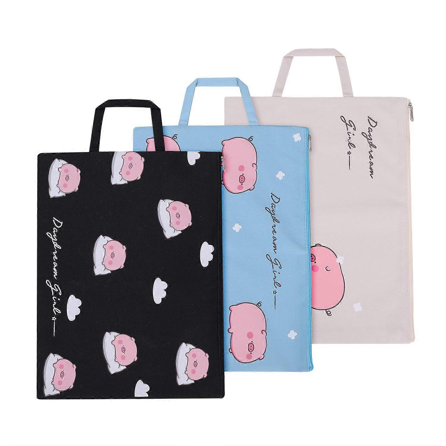 A4 Cute Cartoon Document Wallets 3 Pack Portable Canvas File Folder Zipper Bag Document Pouch Waterproof Zipper File Organiser Storage Bag with Hand