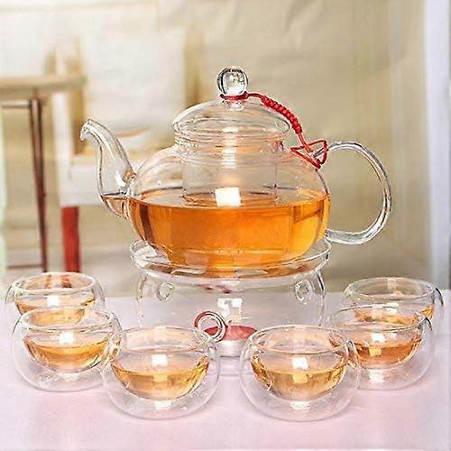 600ml Glass Teapot + 6 CUPS + Teapot Warmer with Glass Filter and Premium Borosilicate Glass Lid