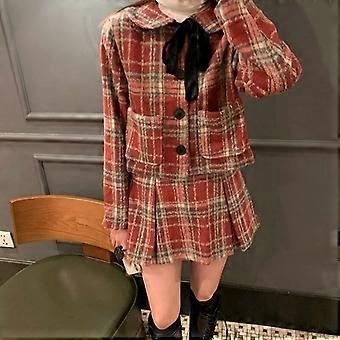 Automne Hiver Femmes Preppy Style Laine Mélanges Deux Pièces Ensemble Mode Col Claudine Vestes à carreaux + Mini Jupe Plissé Ensembles complets geschenke fur frauen