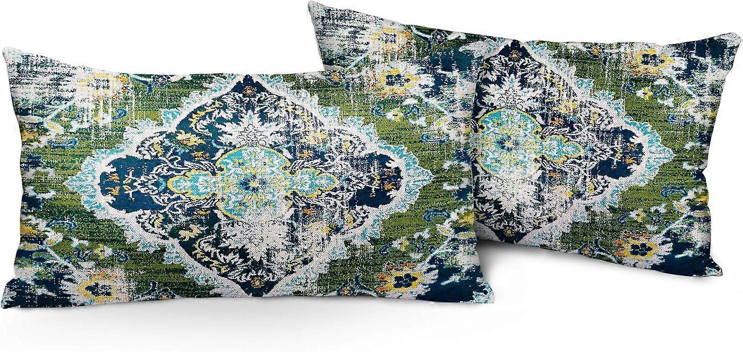 Set of 2 Boho Pillow Covers 12"x20" Green Bohemian Carpet Double Sided Pattern Linen Pillowcases Cushion Cover for Farmhouse Couch Sofa Bed Decorative