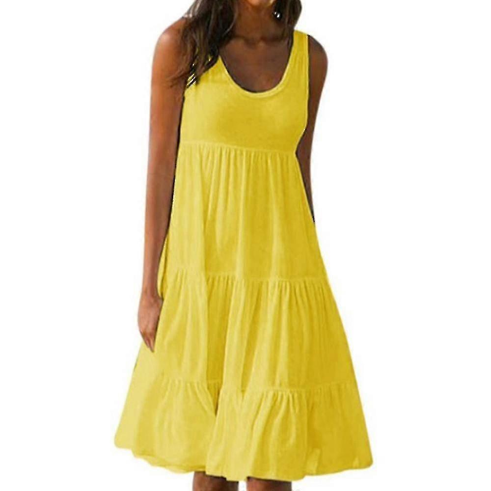 Bayan Kolsuz Fırfır Salıncak Tank Yelek Midi Elbise Katı Yuvarlak Boyunlu Rahat Gevşek Sundress