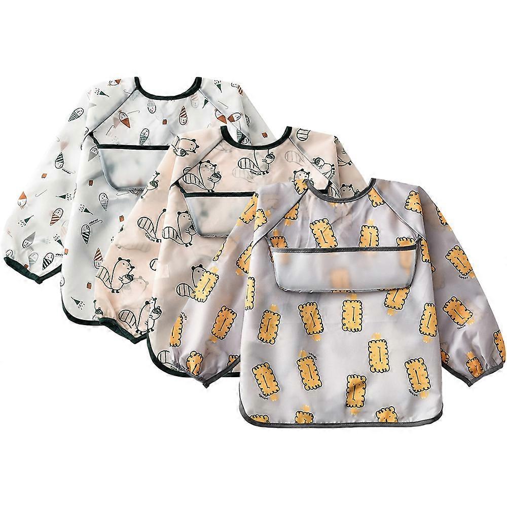 3 Pcs Long Sleeved Bib Set | Baby Waterproof Bibs with Pocket Bundle | Toddler Bib with Sleeves and Crumb Catcher