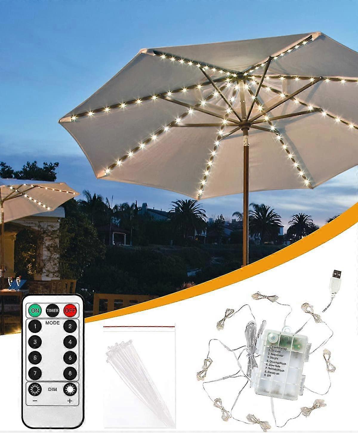 Gaoni Parasol Lights, 8 Modes Patio Umbrella Lights with 104 LEDs, Waterproof Garden Parasol Lights Battery Powered or USB Port, Dimmable with Timer R