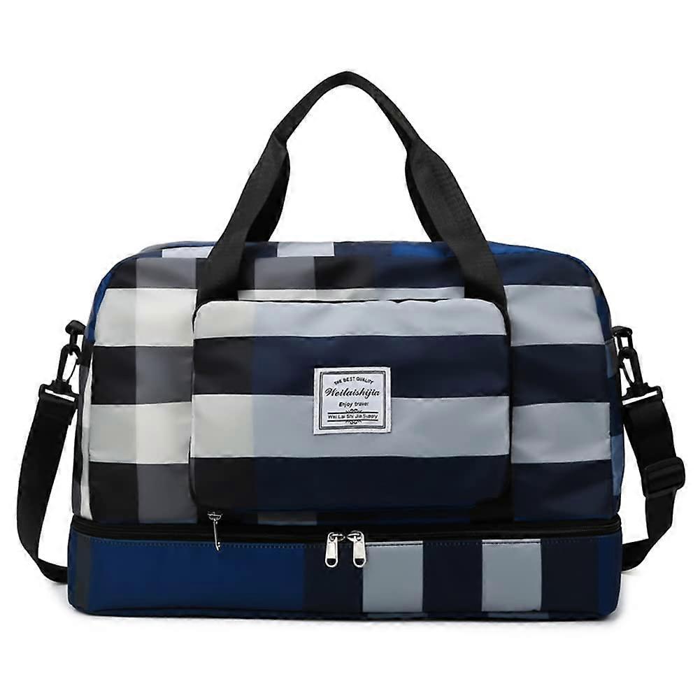 Foldable Travel Bag, Folding Plaid Dry and Wet Separation Shoulder Crossbody Bag Light Sports Bag with Shoulder Strap