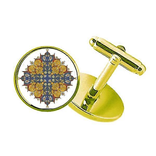 Flower  Parallel Repeat Illustration Pattern Studded Business Metal Cufflinks Golden
