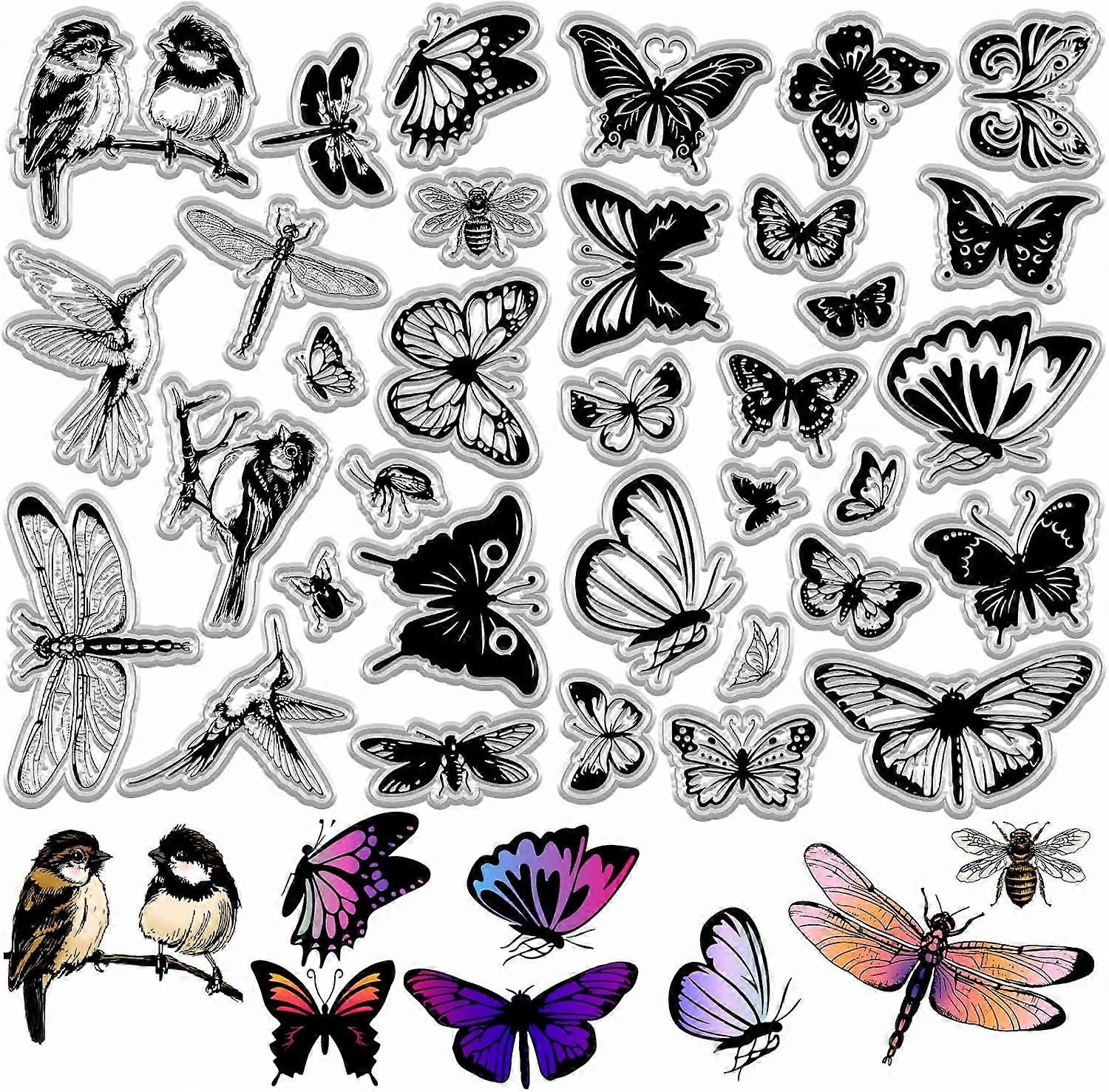 2 Styles Butterfly Rubber Stamp Bird Dragonfly Bee Small Insects Specimen Flying Animal Reusable Background Clear Silicone Stamp Seals for Journaling