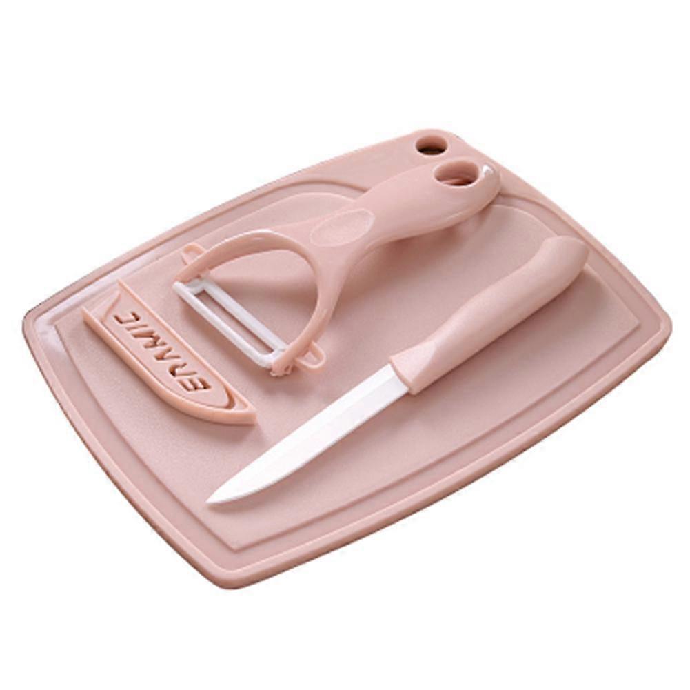 3Pcs/Set Kitchen Cutting Tools Ceramic Fruit Knife Vegetable Peel Chopping Board(Light Pink)