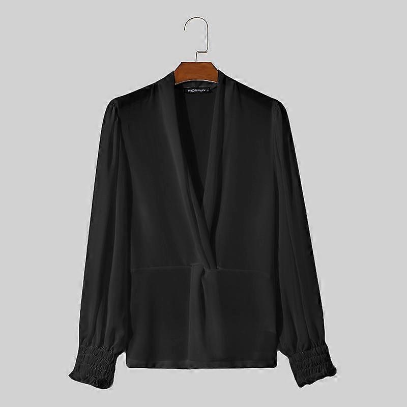 INCERUN Elegant Men Deep V Long Puff Sleeve Twisted Shirts Chiffon Transparent Tops