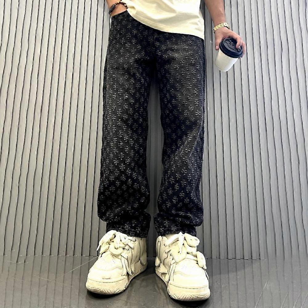 Jacquard Pattern Denim Pants Male Straight Fitting Baggy Bottoms Distressed Wide Jeans for Men