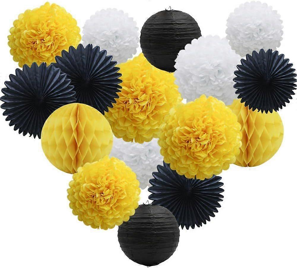 Yellow White Black Party Decorations 16pcs Paper Pom Poms Honeycomb Balls Lanterns Tissue Fans for Bee Day Party Batman Birthday Graduation Baby Showe