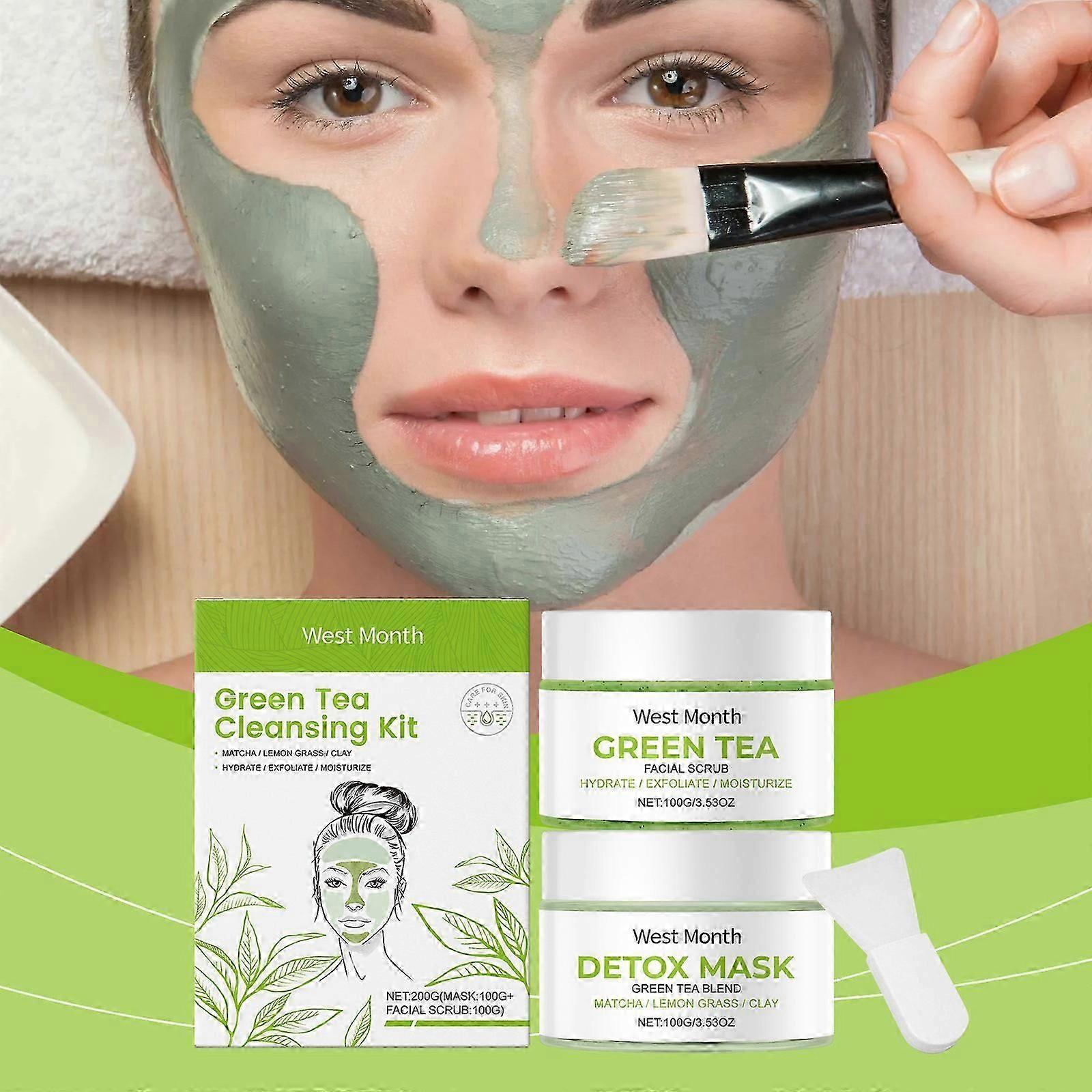 Kit de nettoyage au thé vert, gommage facial au thé vert, masque détox au thé vert - hydrate, exfolie, hydrate 2 set