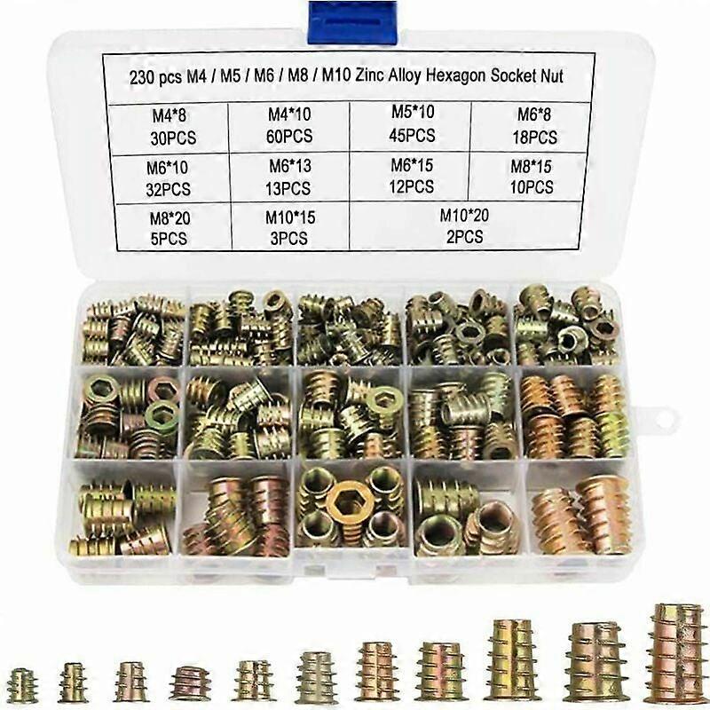 Hex Socket Drive Threaded Insert Nuts For Furniture, Zinc Alloy Assortment Set Easy Installation Corrosion Resistance For Wood Projects