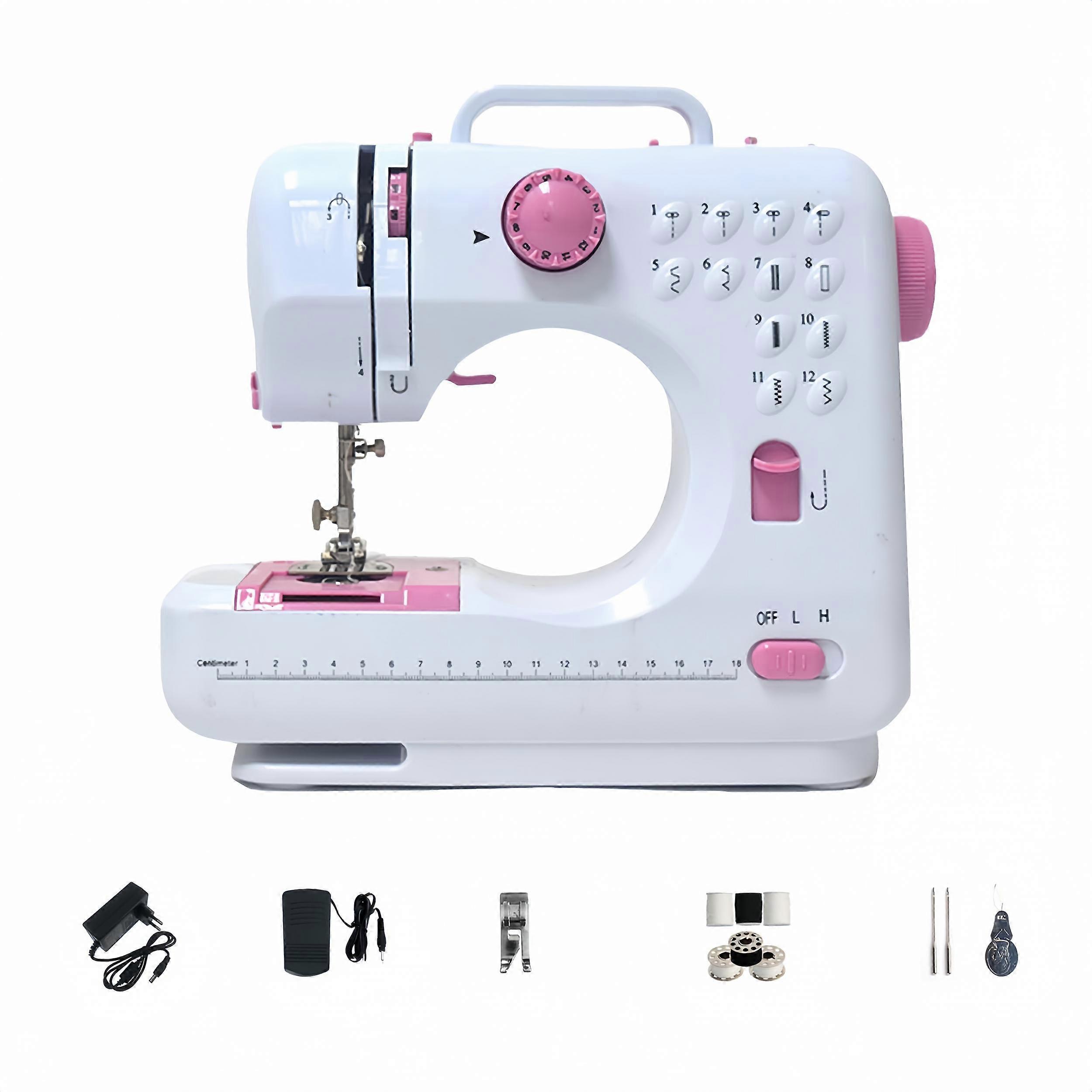 Machine à coudre électrique 12 points Machine à coudre domestique à double fil EU 220V bouton rose