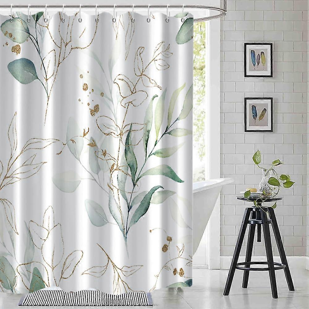 Sage Green Eucalyptus Shower Curtain Set With Hooks, Waterproof Fabric, Watercolor Green and Gold, 72x72 Inches