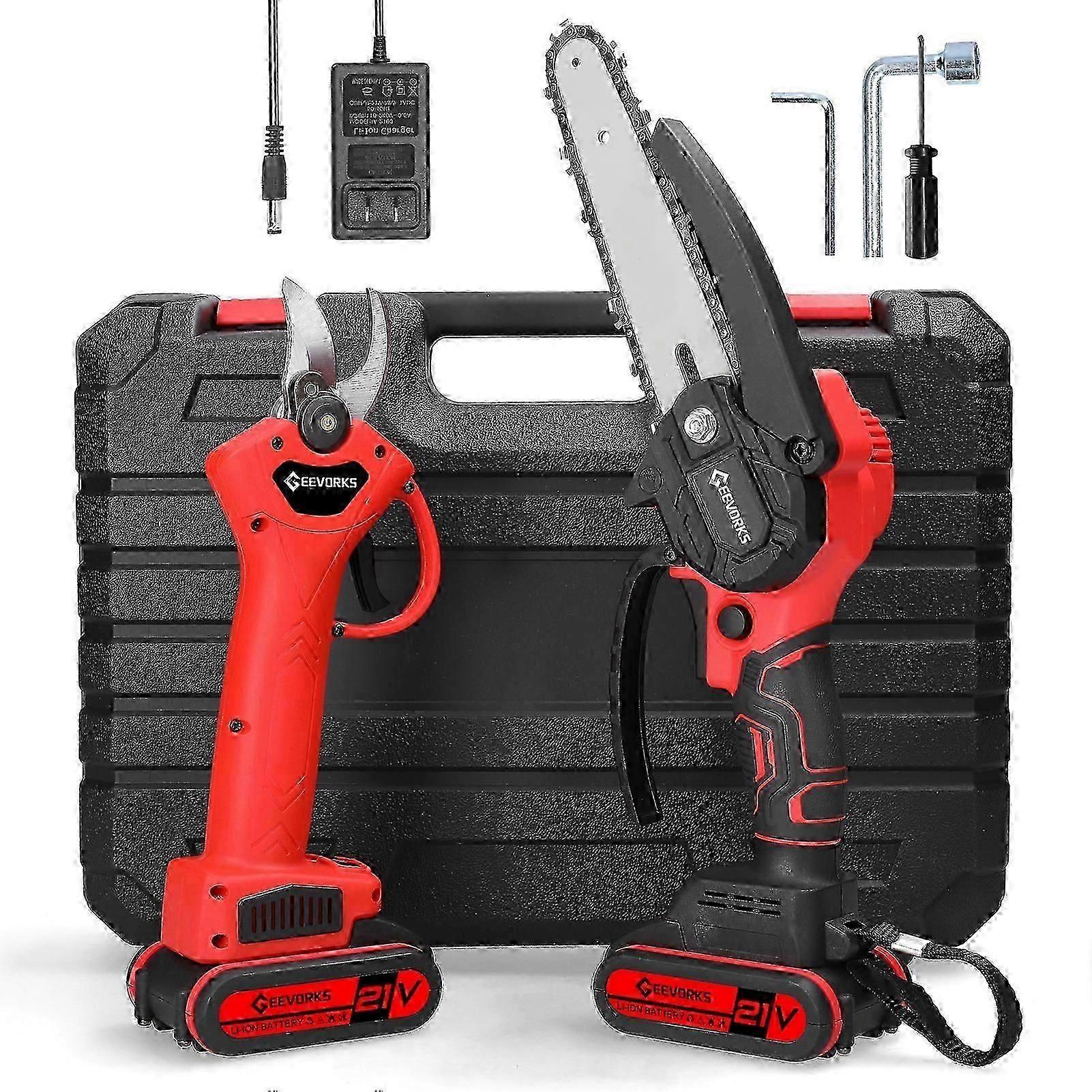21V 6inch Portable Electric Chainsaw and 30mm Cordless Pruning Shear Set Wood Splitting Cutting Machine Kit Handheld Woodworking Tool for Garden Orcha