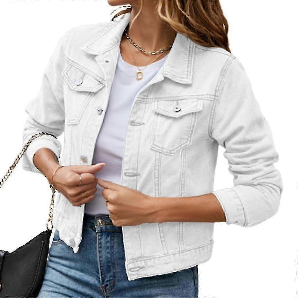 Women's Cropped Long Sleeve Button Down Denim Jean Jacket with Pockets