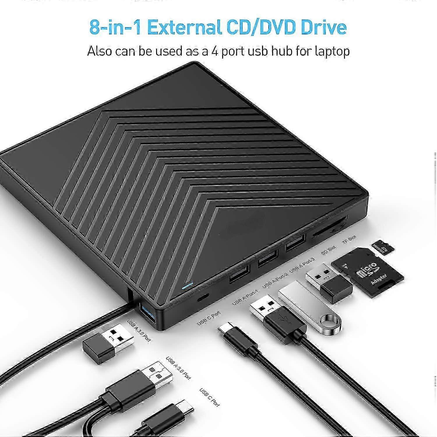 Ultra Slim External CD DVD Drive With 8 In 1 Usb Hub, Plug And Play Optical Disk Drive For Macbook Imac Notebook Desktop Laptop, Windows 11/10/8/7