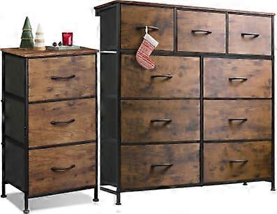3-Drawer and 9-Drawer Dresser Set for Bedroom Storage, Rustic Brown Wood Grain, Fabric Bins Organizer Unit