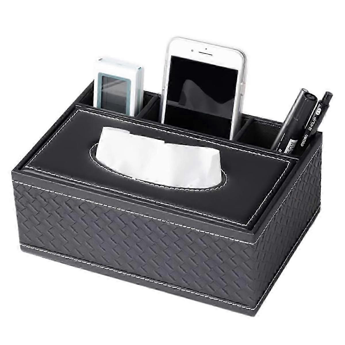 Leather tissue box - woven pattern flat four grid well