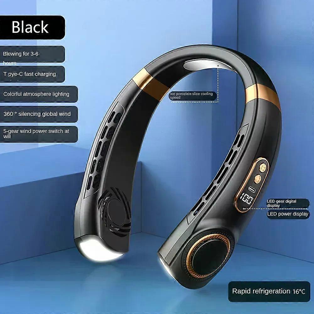 2025 Portable Neck Fan USB Handheld Mute LED Digital Display Leafless Mini Electric Fan Colorful Atmosphere Lights 5th Gear