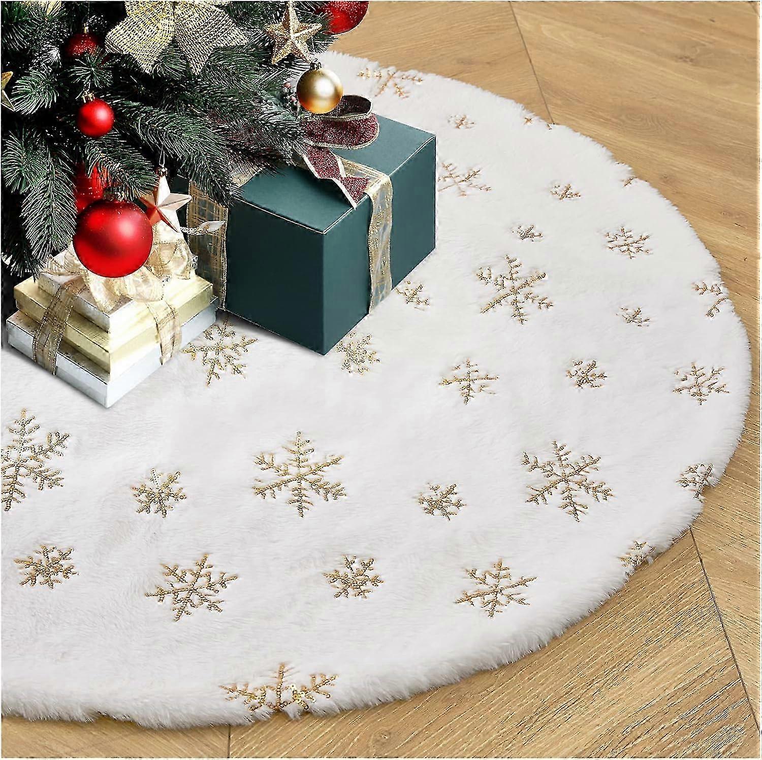 36 Inches Christmas Tree Skirt White Faux Fur Tree Skirts with Gold Sequin Snowflakes Soft Plush Tree Skirt for Holiday Tree Decor