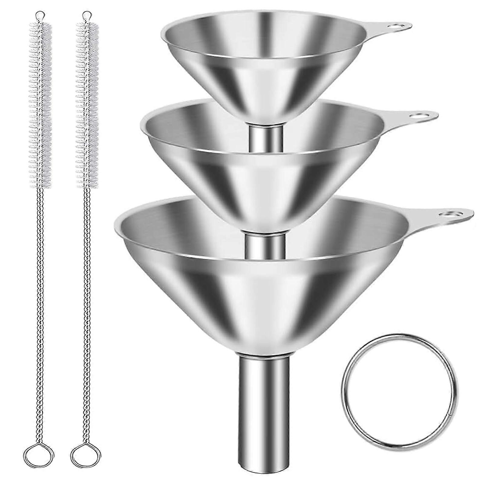 Stainless Steel Mini Funnel Set of 3 with Handle and 2 Cleaning Brushes, Stackable Small Strainers for Liquids and Powders