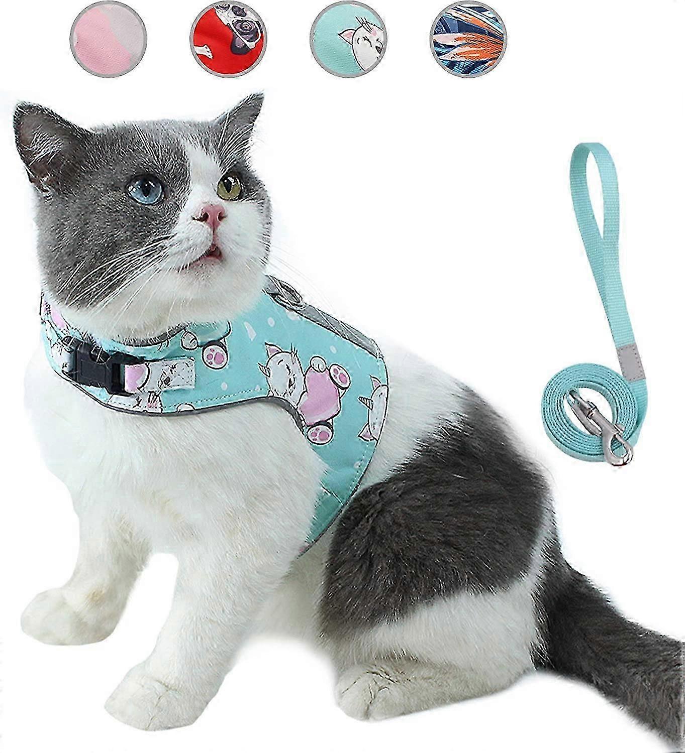 Anti-Escape Cat Leash and Harness Set, Adjustable Reflective Soft Mesh Hopper Pet Vest with Innovative Anti-Lost Card (L, Cyan)