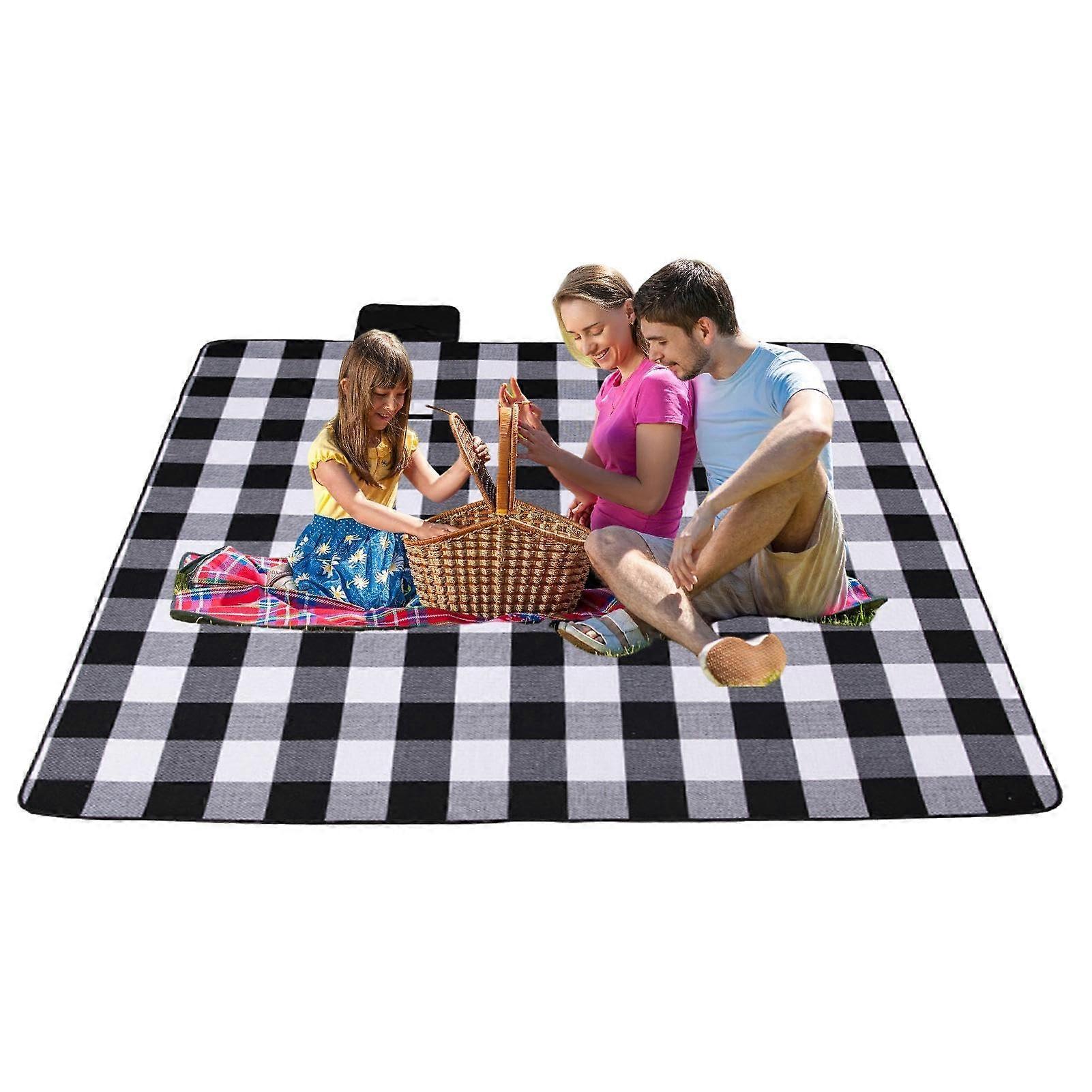 Picnic Floor Mat Foldable Waterproof Blanket For Stadium Outdoor And Concert Use Large Size Black And White Grid
