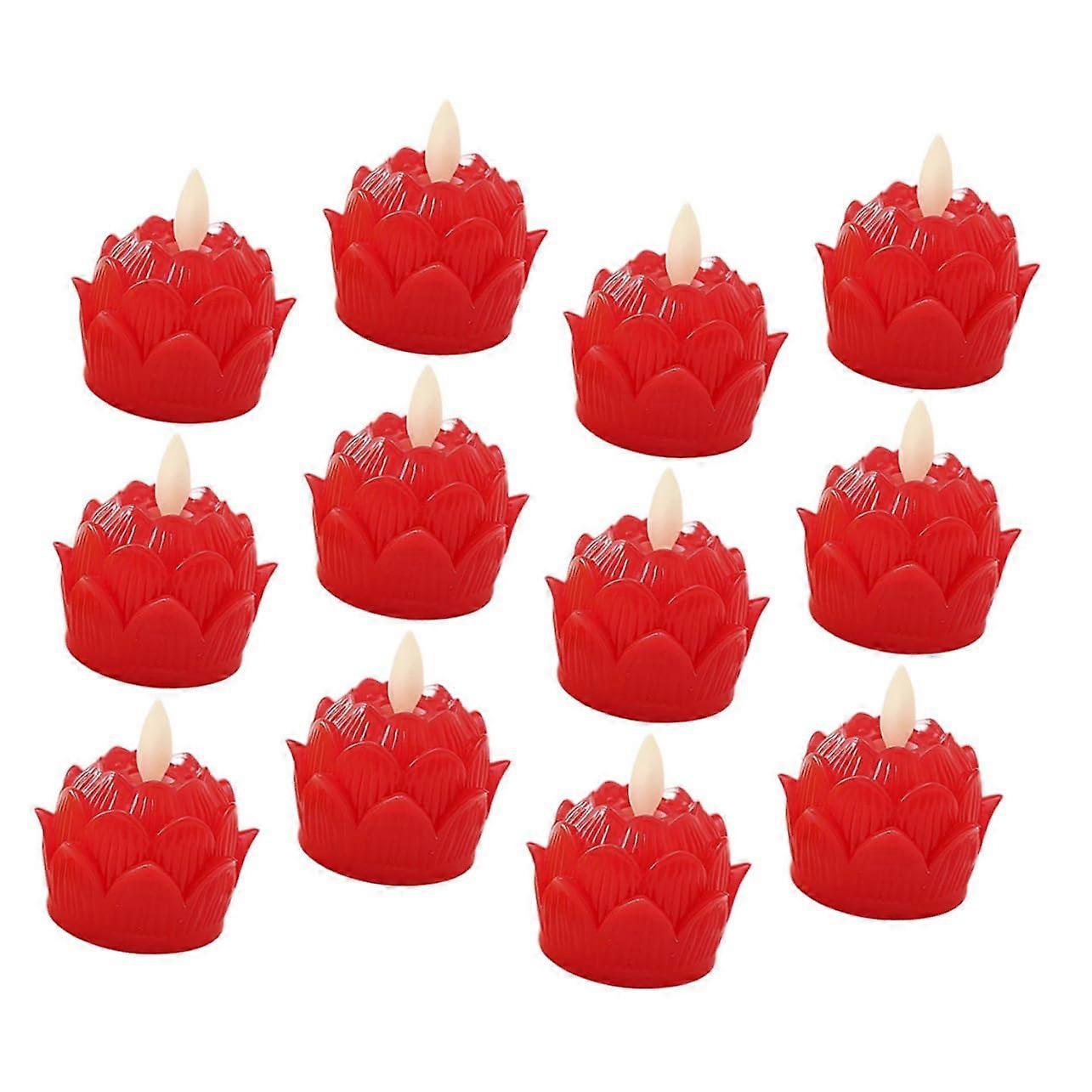 Lotus Candle Light Tea Light - Rechargeable LED Lotus Table Lamp, Red Plastic Night Lights, Pack of 12