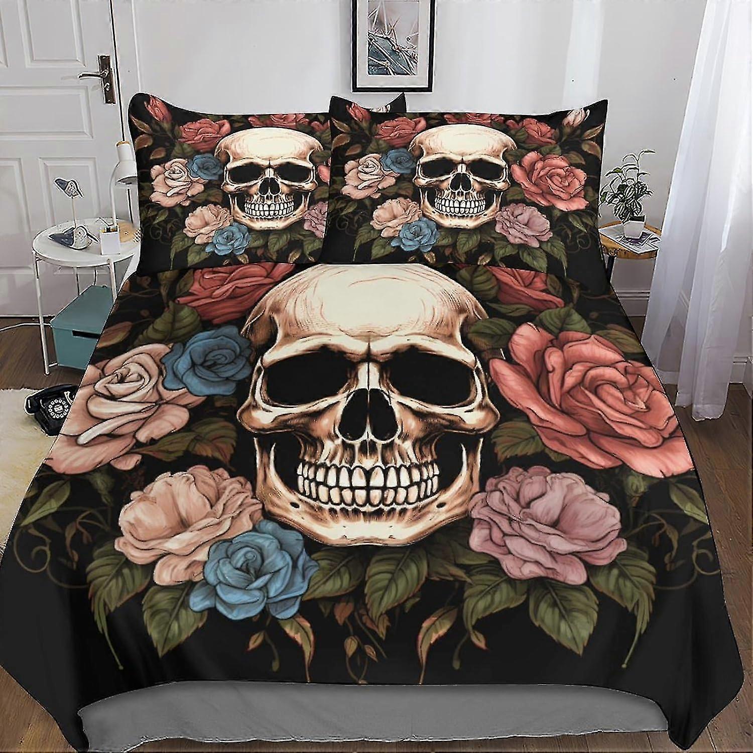 Conjunto de Cama com Estampa de Caveira Floral - Conjunto de Capa de Edredom de 3 Peças para Crianças e Adolescentes com Zíper